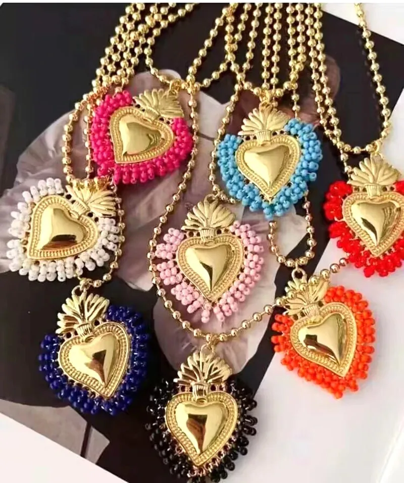 Wedding Jewelry Sets 10Pcs Bohemia Gold Plated Colorful Miyuki Beads Love Heart Pendant Fashion Christian Pendants Copper Bead Chain Necklaces 231205