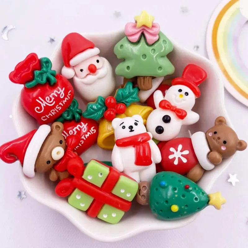 Dekoratif Figürin Reçine Kawaii Renkli Noel Baba Ağaçları Bear Snowman Bells Flatback Stone Cartoon Christmas Figurine 10pcs Scrapbook DIY