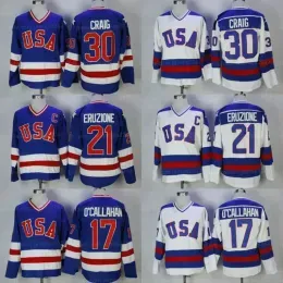 Hockey Jerseys 30 Jim Craig 21 Mike Eruzione 17 Jack O`Callahan 1980 USA Hockey Jersey Movie Stitched White Blue S-3XL Custom Name Number