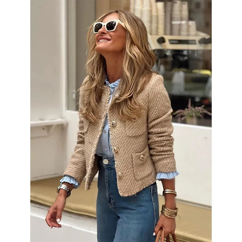 Women's Fur Faux Autumn Chic Tweed Button Short Jacket Women Fashion Long Sleeve Single Breasted Frayed Cropped Tops Office Lady Coat 231205