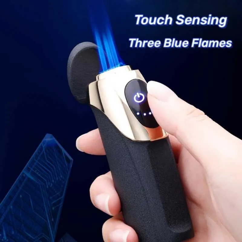 Direct Injection Three Flame Blue Lighter, No Gas Mixed Touch Sensing  Electric Quantity Display Tools from Dhgate Lighters