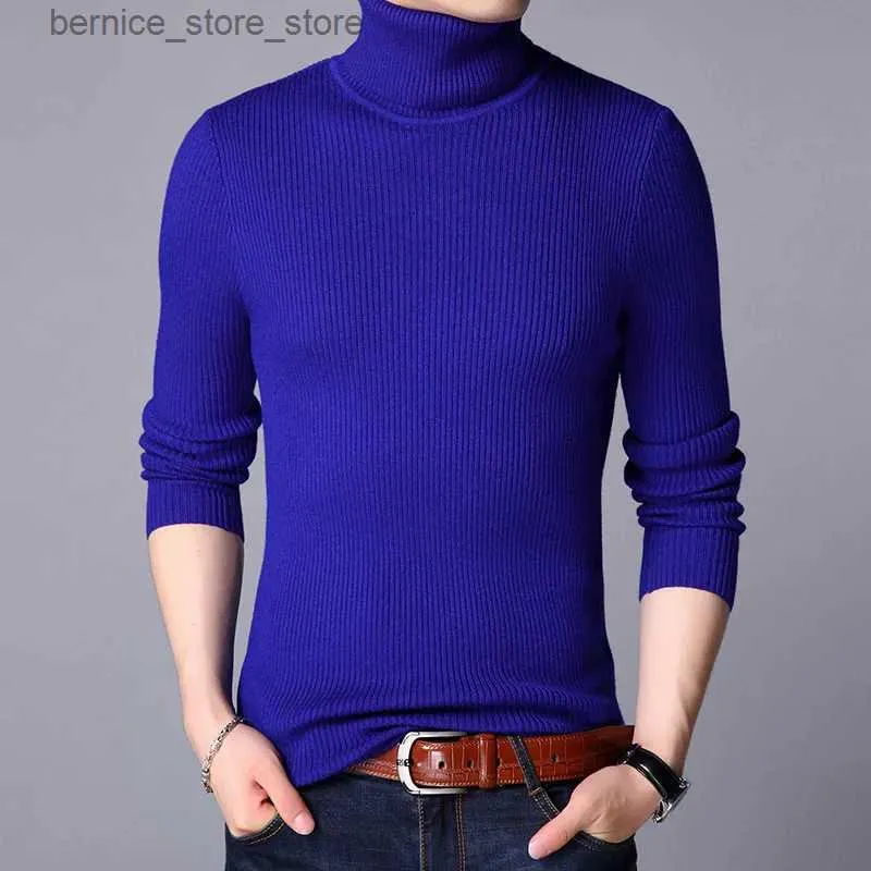 Мужские свитера 2022 Мужские брендовые трикотажные пуловеры с высоким воротом Новые поступления Мужская мода Повседневный тонкий однотонный эластичный шерстяной свитер Q231206
