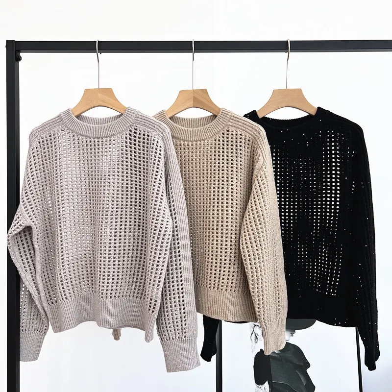 2024 Black/Khaki/Light Gray Pullovers Designer O Neck Long Sleeves Hollow Out Women Sweaters Wool Cashmere Milan Runway Sweaters Womens 120809