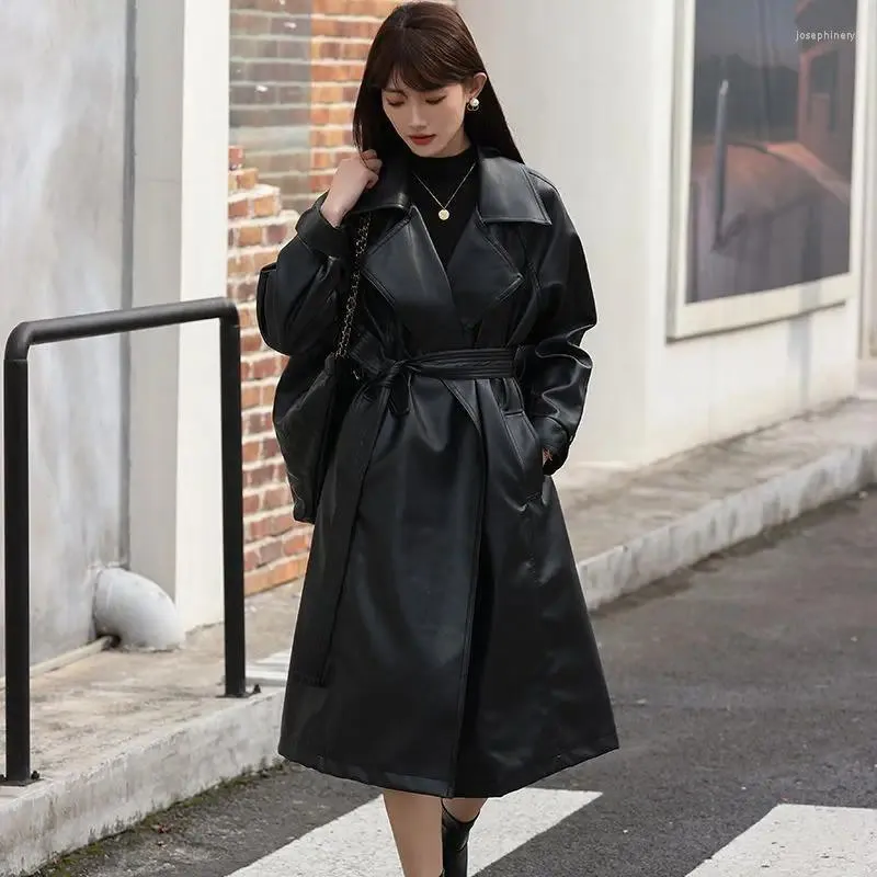 Manteau Long en cuir pour femmes, Style coréen, beau, léger, luxe, tempérament, coupe-vent ample et amincissant, 2023