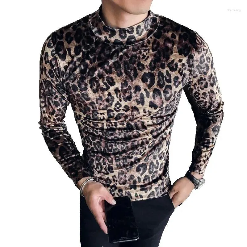 T-shirt da uomo 2023 T-shirt di alta qualità Autunno Inverno Collare Slim Stretto Moda Leopardo Uomo a maniche lunghe Casual Tee 4XL-M