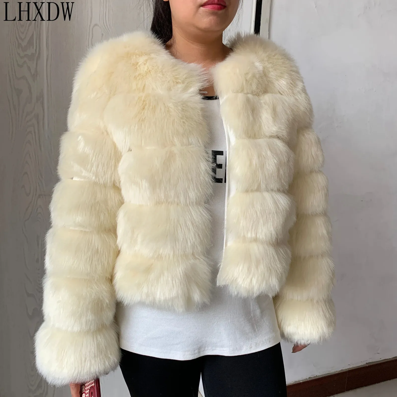 lhxdw女性冬の人工毛皮コートファッション綿毛フェイク半袖と長いジャケット偽り231220