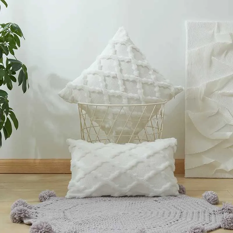 Kudde/dekorativ uppsättning av 2 Boho Square Cushion Cover Falls Solid Shell For Couch Soffa Bed Chair Plysch Wool Velvet Decorative White