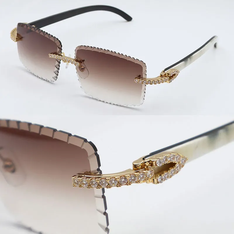 Luxury Moissanite Diamond Rimless Sunglasses for Men Women Big Stones Diamond Buffalo Horn Frame Brown Lens UV400 Protection