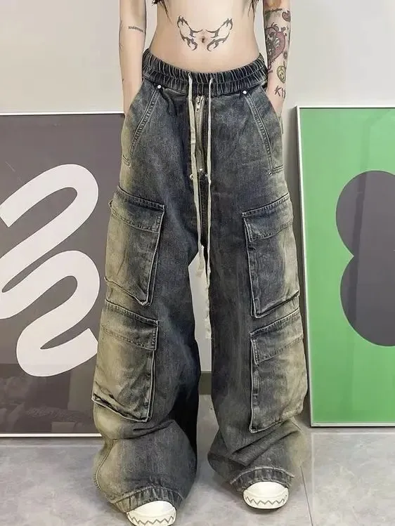 Kobiety S Dżinsy High Taist Trouchy Cargo Spodnie Y2K workowate kobiety mężczyźni Retro Hip Hop Multi Pocket Dżinsowe spodnie Lose American Streetwear 231206