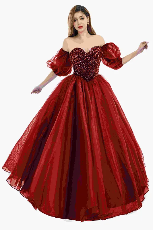 Ny glittrande paljetterade avtagbara ärmar 2024 Prom Dresses Ball Gown Tulle Off Shoulder Bourgogne mörkröd söt klänning