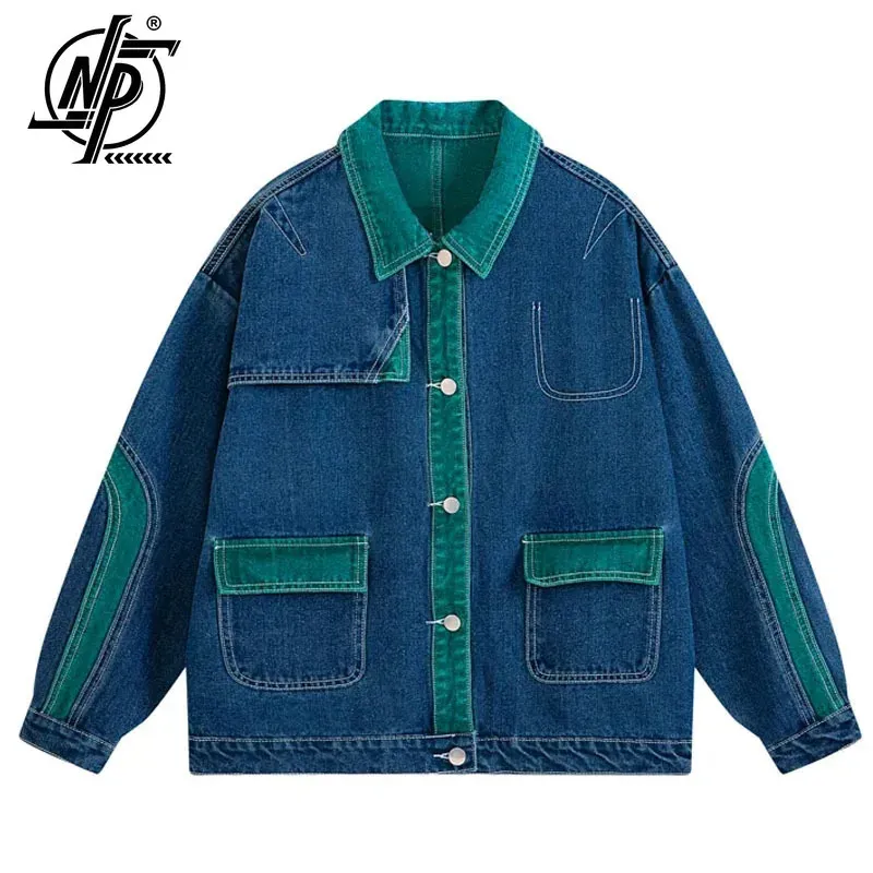 Men's Jackets Patchwork Denim Jacket Men Women line Design Turndown Collar Loose Casual Vintage Coat Unisex Varsity Bomber Outwear Autumn 231206