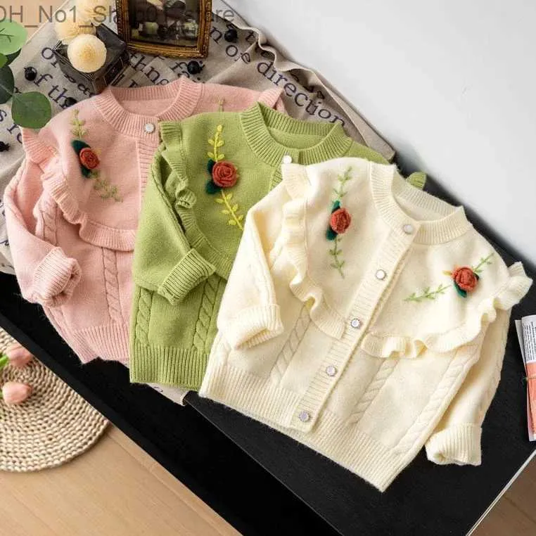 Cardigan Baby Girls Herfst Cardigan Spring Baby Handgemaakte bloemen trui peuter Kinderen breien dikke warme topkleding baby katoen top Q231206