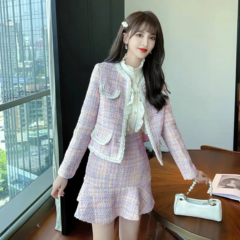 Two Piece Dress Veste courte en tweed rose doux pour femme manteau decontracte jupe elegante taille haute ensemble 2 pieces imbibe piste automne hiver
