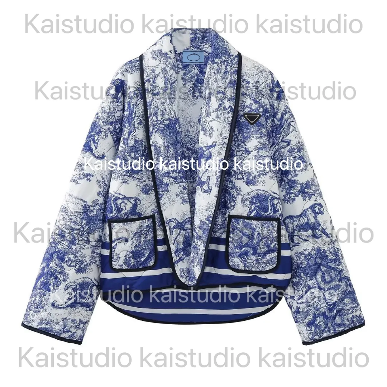 2023 outono/inverno design europeu e americano moda feminina francês retro azul impresso cardigan casaco curto de algodão