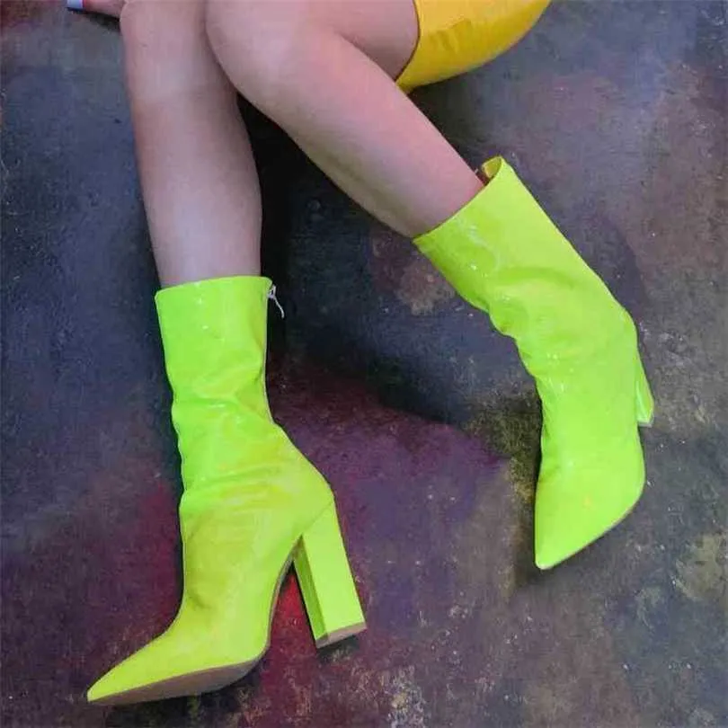 Fashion Snow Boots Women Model Year Candy Color Bright Leather Pointed Thick High Heeled 220901