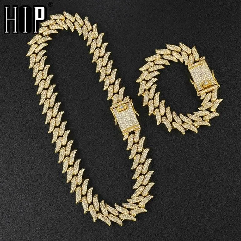 Hip hop bling gelado para fora cheio de strass espinhos masculino pulseira ouro prong cubana link corrente pulseira colar para homens jóias y2311v