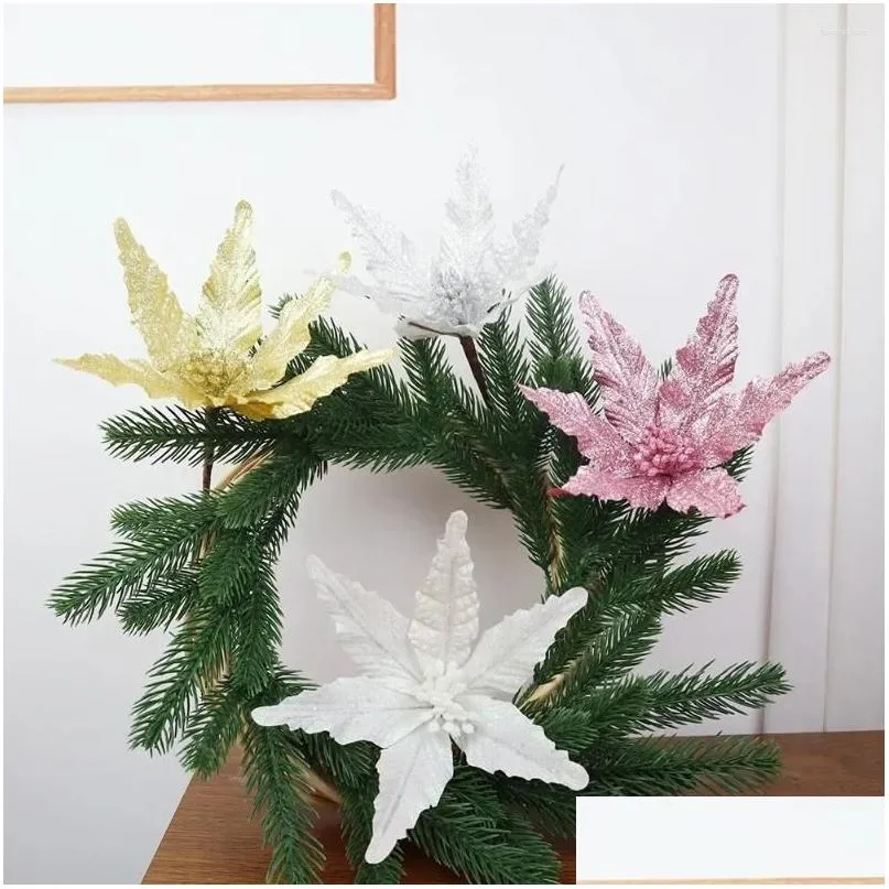 Ghirlande di fiori decorativi Artificiali Panno in oro brillante Fiore di Natale Attività per feste Disposizione degli alberi Accessori Decor Drop Delive Ot78C