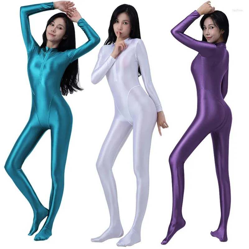 Kadın mayo seksi ön fermuarlı yağ tapı parlak pürüzsüz tek parçalı mayo kadın yoga playsuit catsuits bodysuit wetsuit artı beden