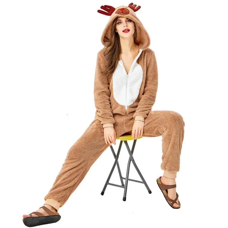 Frauen Robe Weihnachten Weihnachten Elf Rentier Kostüm Pyjamas für Frauen Erwachsene Mit Kapuze Gemütliche Reh Reh Cosplay Onesie Overall Fleece 231206