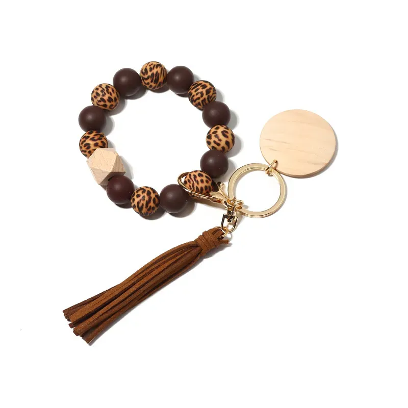 Silicone Bead Bracelet Wrist Keychain Pendants with Tassel DIY Gift