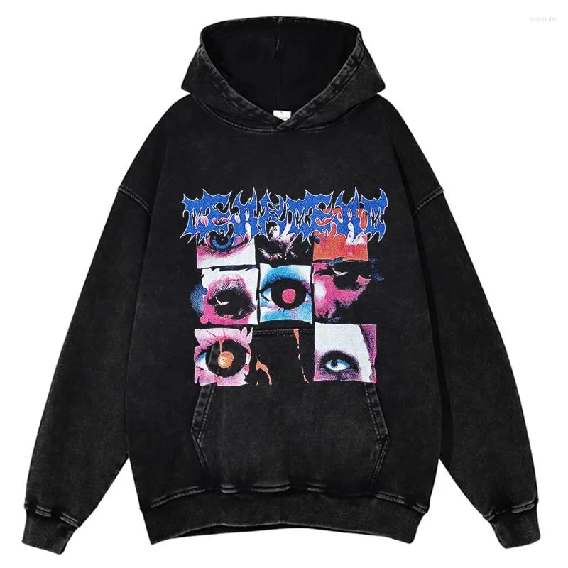 Herrtröjor Hip Hop Street Wash Hoodie Fun Eye Pattern 2023 Harajuku Retro Cotton Loose Pullover Sweatshirt unisex y2k Top