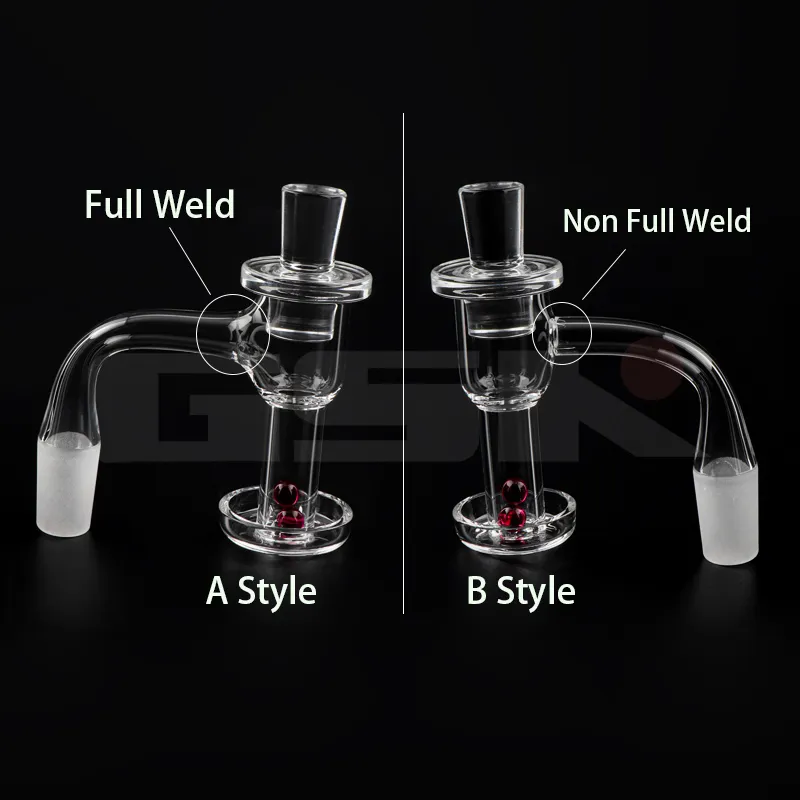 Estilo A Borde biselado con soldadura completa Estilo B Parte superior plana con soldadura no completa 20 mm OD Terp Slurper Banger de cuarzo con tapa de cuarzo / Perlas de rubí de 6 mm para tuberías de agua Dab Rigs