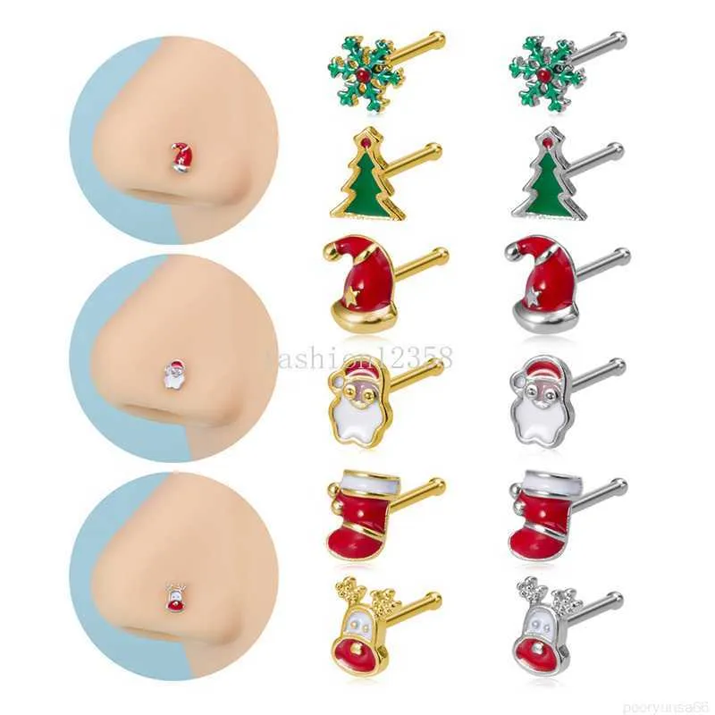 New Stainless Steel Christmas Bone Nose Piercing Nose Studs Nose Ring Nose Clip Gift Santa Claus Women Body Jewelry Gifts