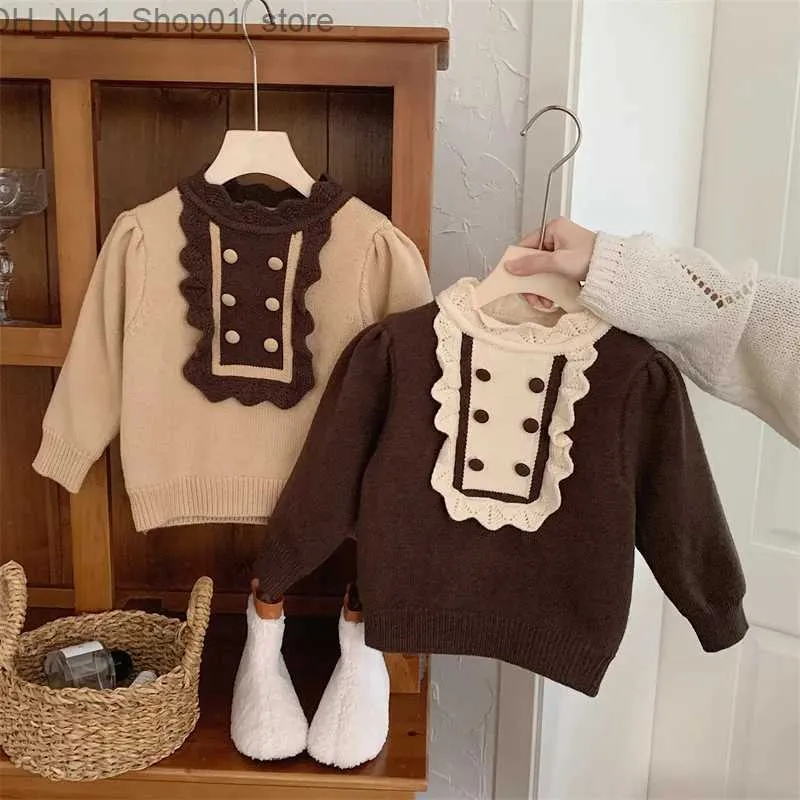 Cardigan Winter 2023 Children Girl Sweater Lace Collar Fleece Thick Toddler Girl Kmitted Pullovers Casual Patchwork Warm Kid Girl Sweater Q231206