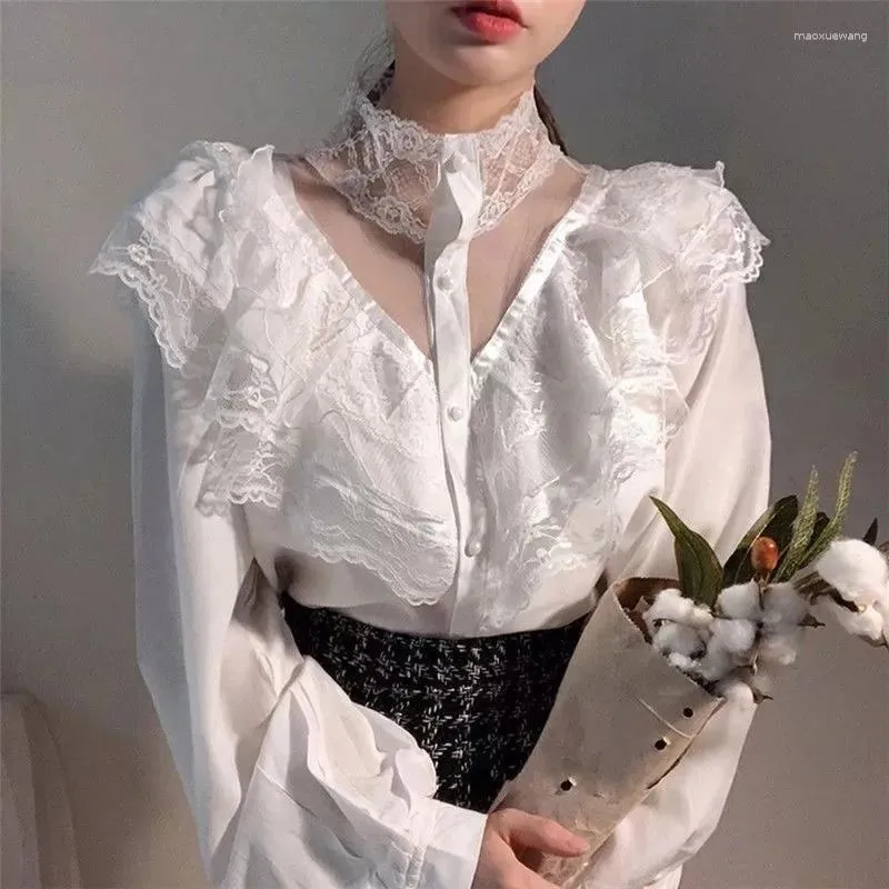 Dames Blouses Lantaarnmouwen Opstaande kraag Uithollen Femme Kant Blusas All-match Ruche Lente Elegant Chic Wit Top Patchwork Trendy