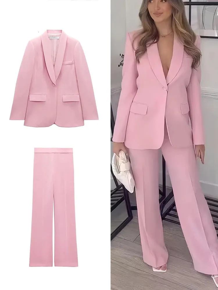 Dwuczęściowe spodnie kobiet Zbza-Pantalon Droit Rose trempe pour femme Vetement a Manches sulf col en v poche tryb dekontractee Automne i Hiver 231206