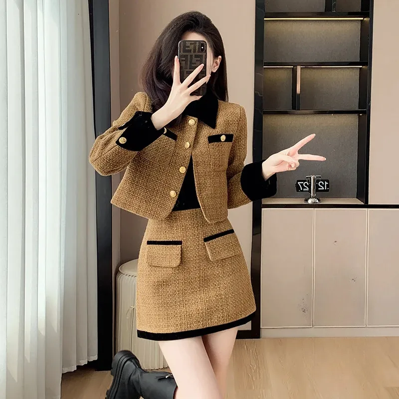 Women s Tweed Two Piece Dress Set High Waist Mini Skirt Jacket Casual Stylish Polyester Red Black Khaki 2024 Autumn Winter