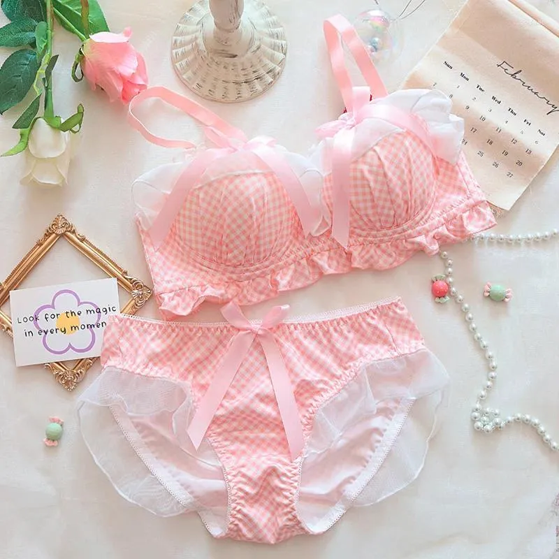 Bras Sets Japanese School Girl Underwear Bra Set Women Sweet Intimate Cute  Bowknot Pink Plaid Lingerie Push Up And Panty 2023 From 14,79 €