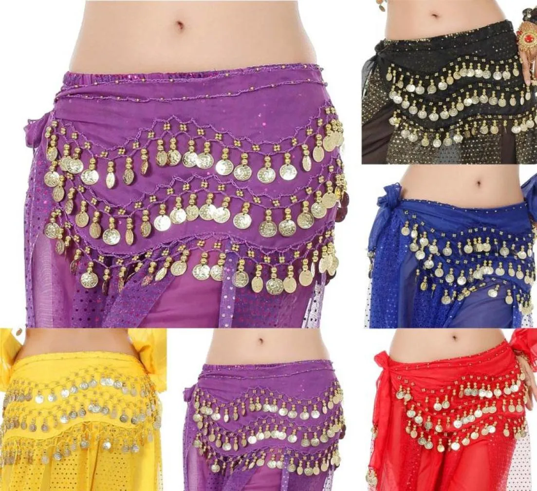 Bälten Sanwood Fashion Female Belly Dance Hip Belt 3 Row128 Golden Coins Scarf Midje kedja för kvinnor7226102