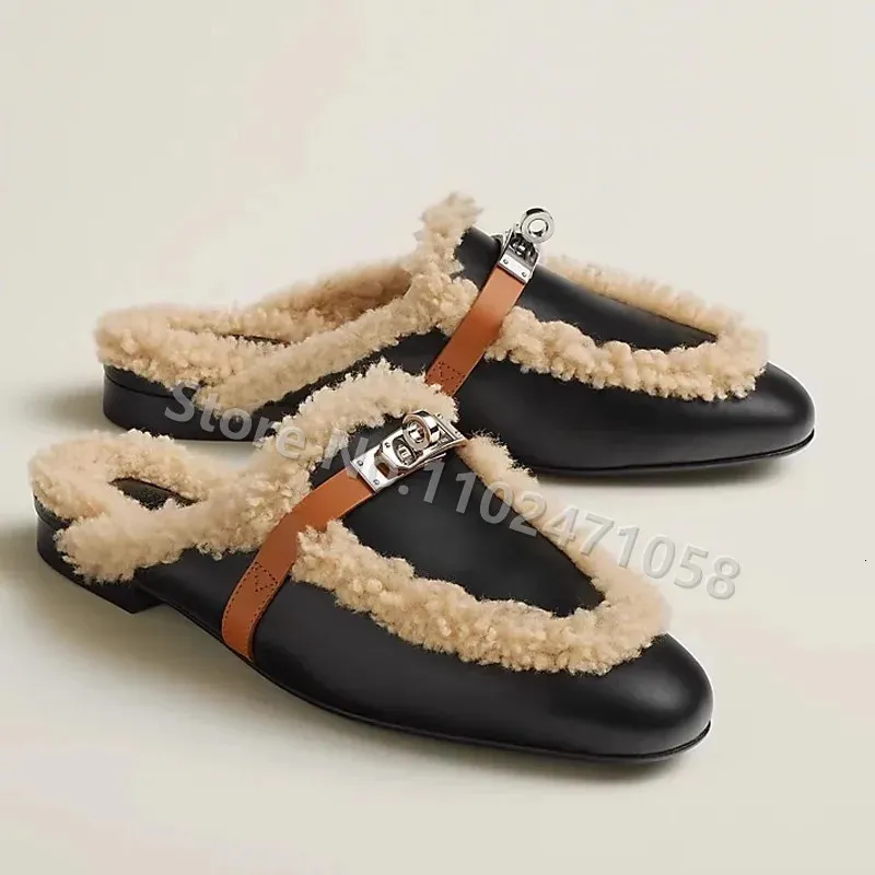 Sandals Winter Warm Plush Women Slippers Metal Lock Decor Leather Mules Round Toe Slingback Pumps Female Slip On Outside Casual Shoes 231206