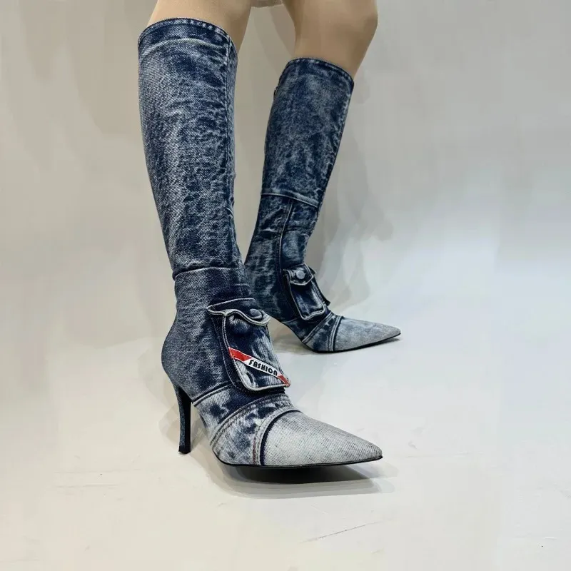 Сапоги брендовые синие джинсовые с двойными карманами, дизайнерские до колена, осень-зима, женские повседневные черные туфли на каблуке с швейной нитью, размер 34 43 231206