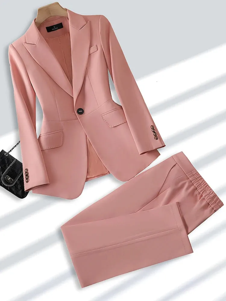 Calças femininas de duas peças conjunto 2 peças blazer et pantalon formel pour femme tenue de bureau tenue de travail bege ingent rose mode surintendant 231206