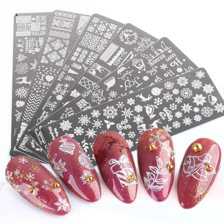 Naklejki naklejki 6pcs paznokcie tłoczniki Zestaw Kwiaty świąteczne płatki śniegu Zwierzęta szablon pieczęci paznokci Polski druk manicure Trsum01-06-1 231205