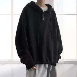Men`s Sweaters Men Polyester Sweater Vintage Streetwear Button Hooded With Drawstring Warm Loose Fit Mid Length Plus Size