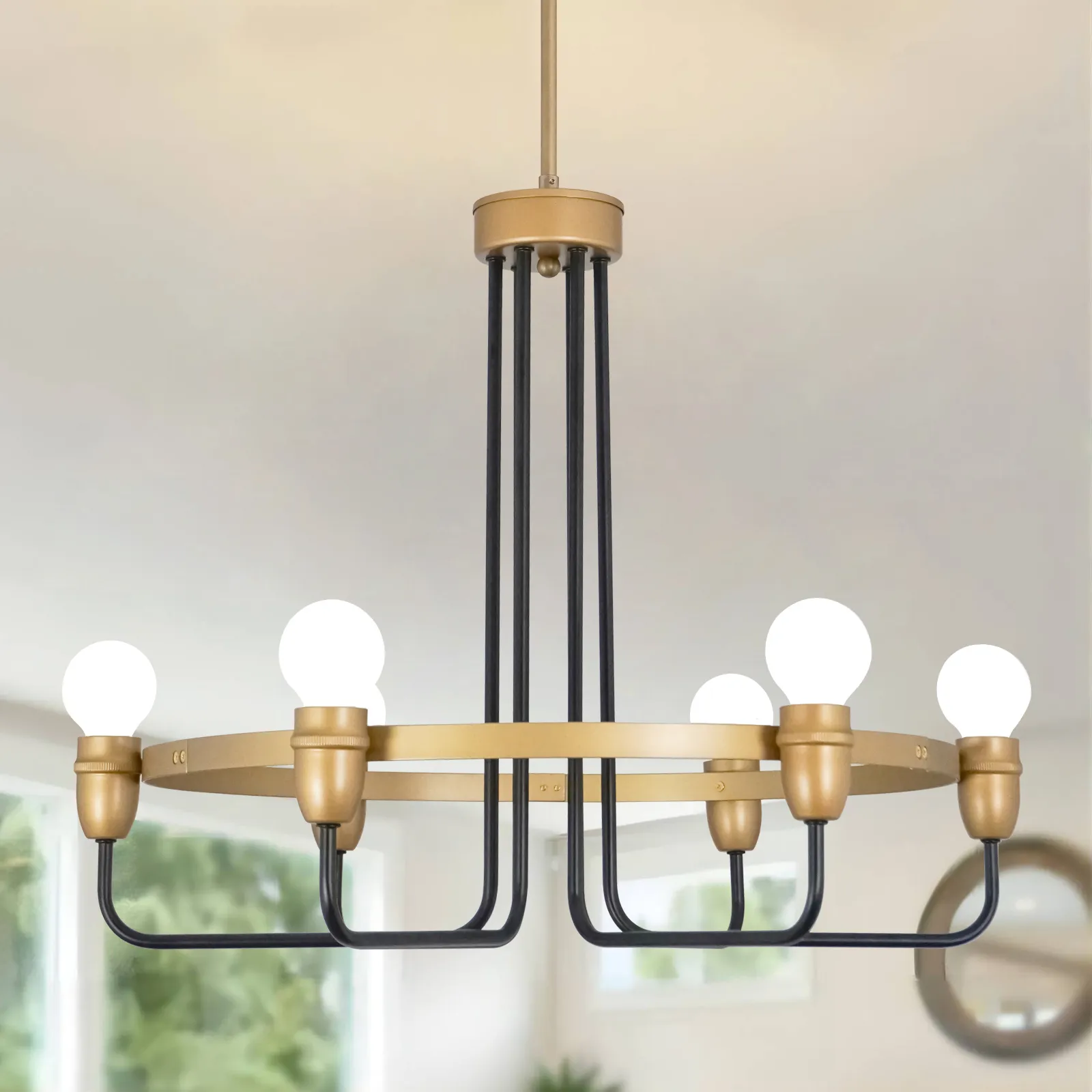 Modern Gold Chandelier for Dining Room 6 Lights Farmhouse Chandeliers Light Fixture Candle Hanging Round Decoration Pendant Lighting Fixtures for Living Room