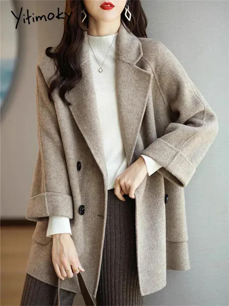 Women's Jackets Yitimoky Notched Wool Coat Women Autumn Winter 2023 Fashion Office Ladies Long Sleeve Loose Jacket Casual Double Breasted Coats 231205