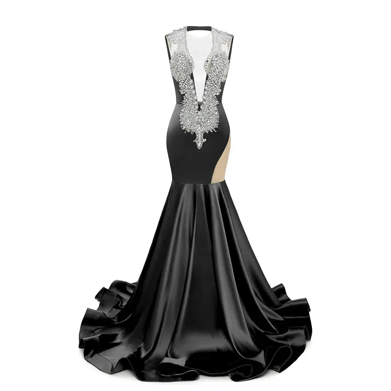 Vintage sexy schwarze Meerjungfrau-Abschlussballkleider, Arabisch, Aso Ebi, silberne Kristalle, Spitze, appliziert, Vintage-formelle Kleider, Hofzug, Abendkleid für Frauen für den zweiten Empfang