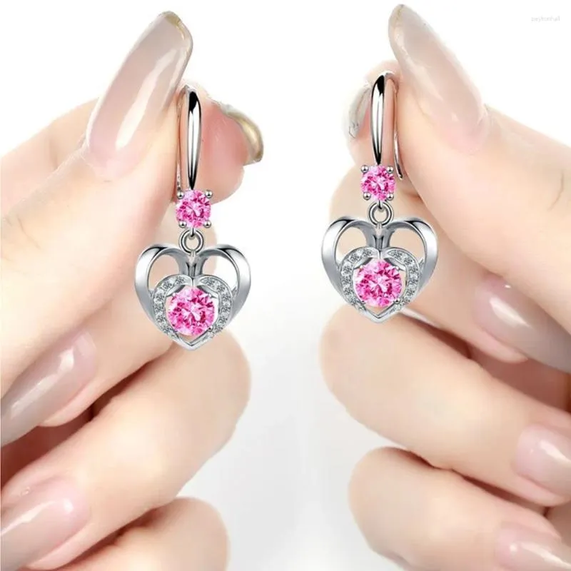 Pendientes colgantes con aguja de plata 925, joyería de moda para mujer, circonita cúbica de alta calidad, gancho de borla largo hueco con forma de corazón y amor