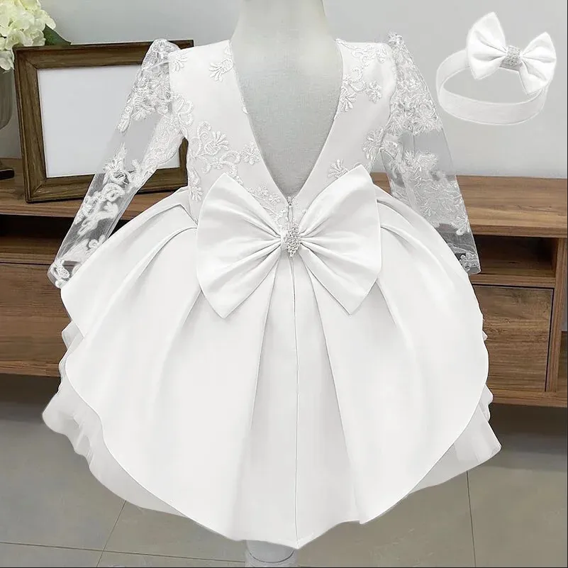 Abiti da ragazza Neonata Bianco Battista Compleanno Abito da principessa Neonata Capodanno Fiore ricamato Fiore a maniche lunghe Abito da sposa per bambini 2312306