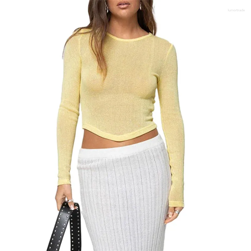 Kvinnors T -skjortor Kvinnor Crop Tops Spring Clothes Solid Color Round Neck Long Sleeve Asymmetrisk hemskjorta 2000 -talskläder Casual Streetwear