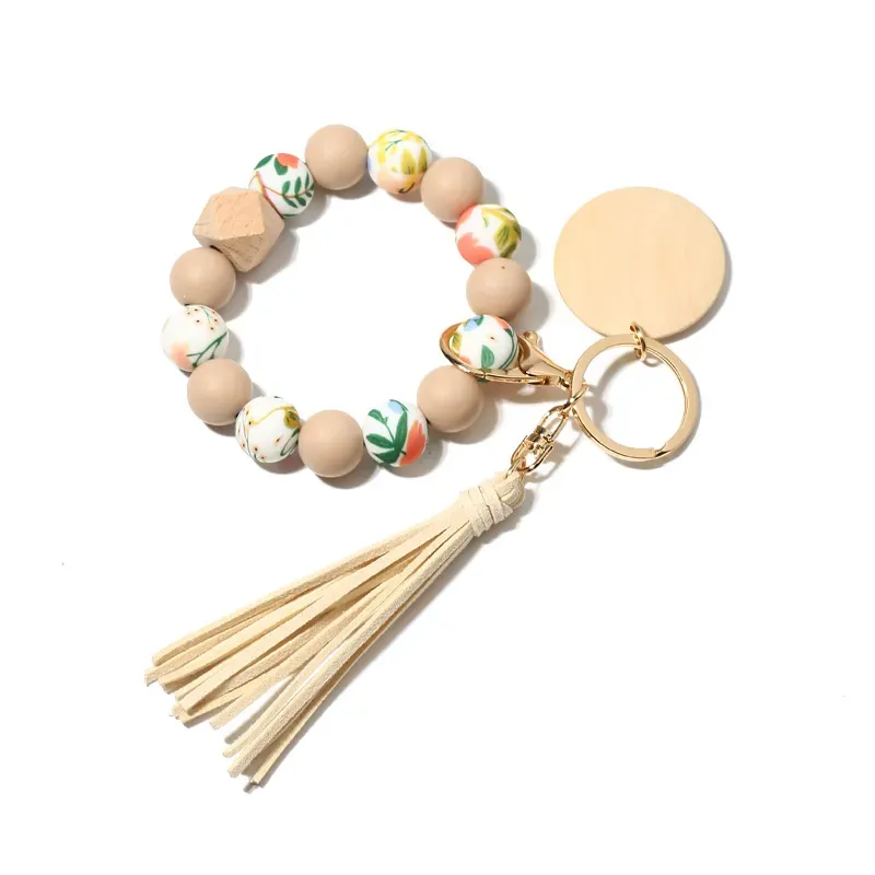 Silicone Bead Bracelet Wrist Keychain Pendants with Tassel DIY Gift