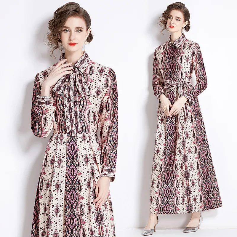 Vintage Lace Up Print Boho Maxi-jurk Robe Woman Designer Revers Slank Elegant Fit Knoopsluiting Vakantie Ruches Jurken 2023 Lente Herfst Lange Mouwen Feest Runway Jurken