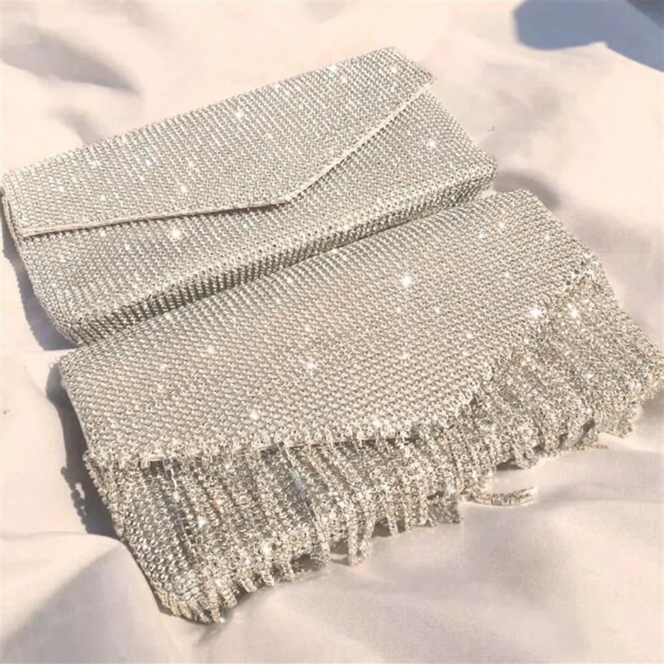 Clutch Bag silver diamant kuvert kvinnor kväll brud bröllop handväska design kedja tofs axel249a