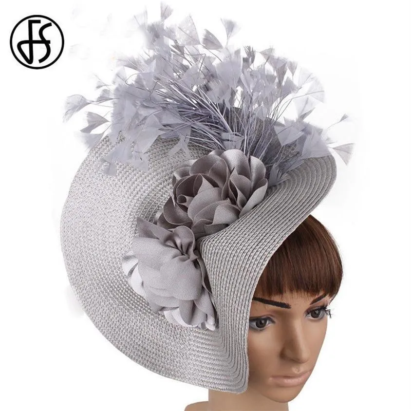 Fs imitação de palha grande derby fascinator chapéu para casamento feminino flor branca headpiece bandana fantasia pena corrida cabelo accessorie 2220i