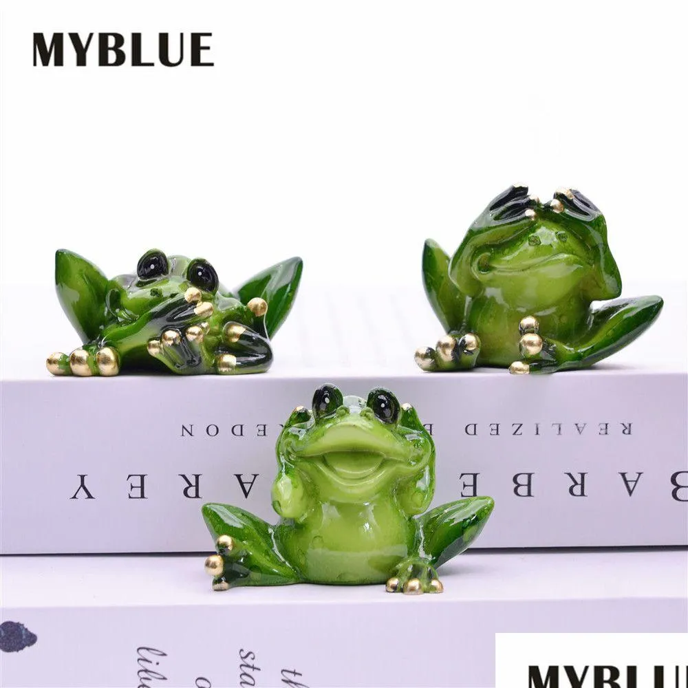 Articoli novità Myblue 3 pezzi / set Non parlare Ascolta Guarda Figurina di rana Miniature Fairy Garden Nordic Home Room Decorazione Accessori C0 Dhckp