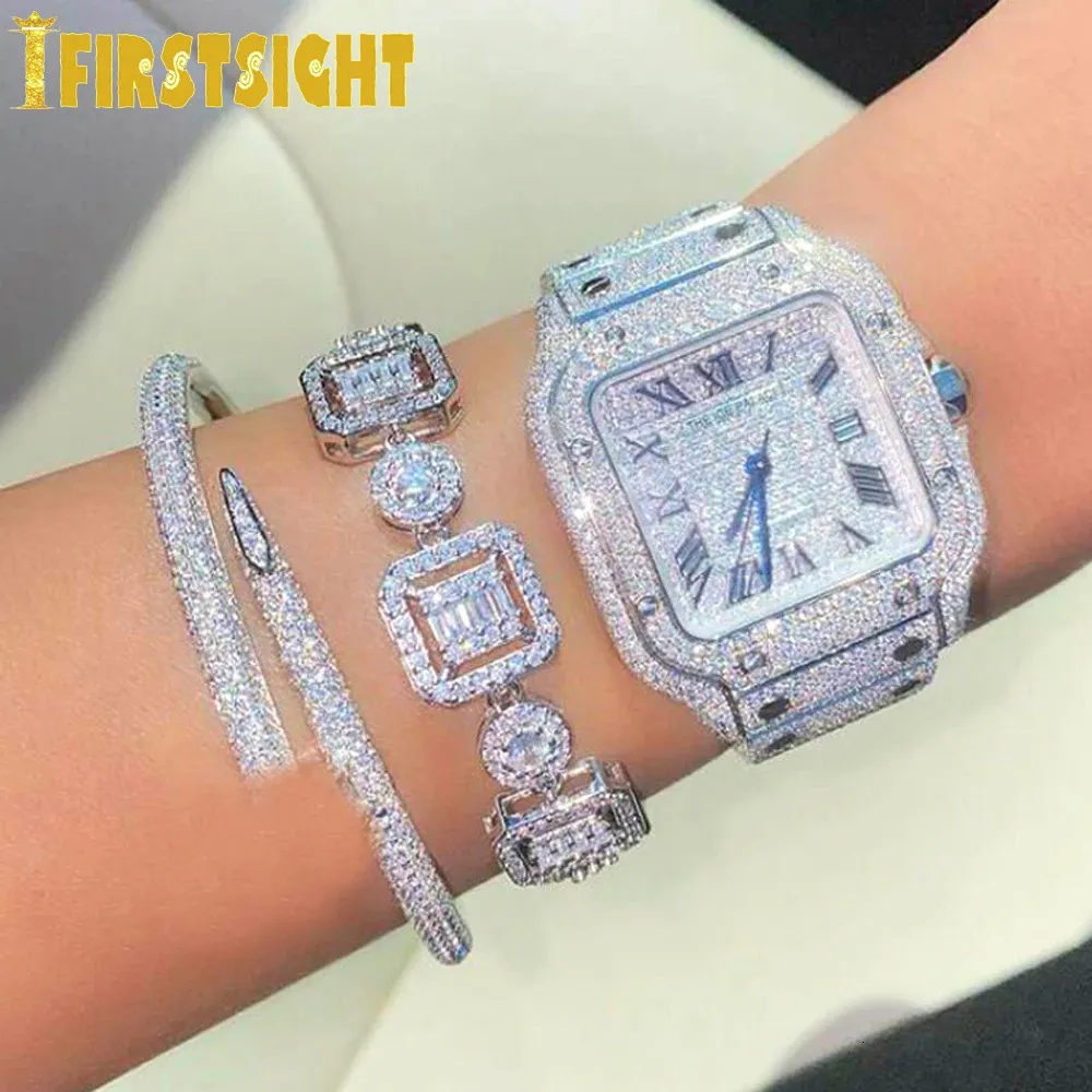 Chaîne Or Argent Couleur Glacé Bling CZ Cluster Tennis Bracelet Pour Femmes Mode Sparking 5A Zircone Cubique Bijoux De Mariage 231205